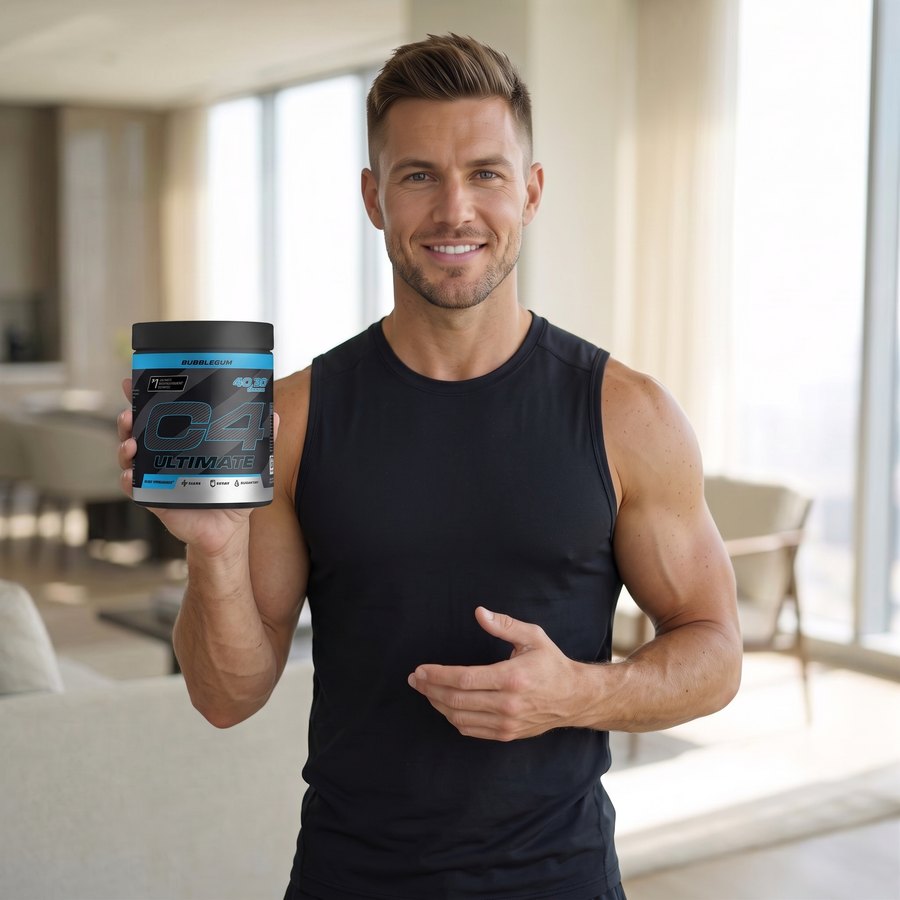 Muž drží Cellucor C4 Ultimate pre-workout