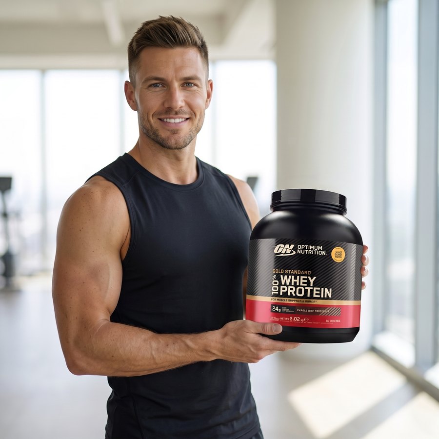 Muž drží Optimum Nutrition Gold Standard 100% Whey Protein